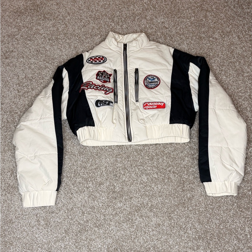 Fashion Nova Cream and Black Bomber Jacket